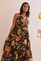 Affair Black Floral Cotton Strappy Tiered Maxi Dress