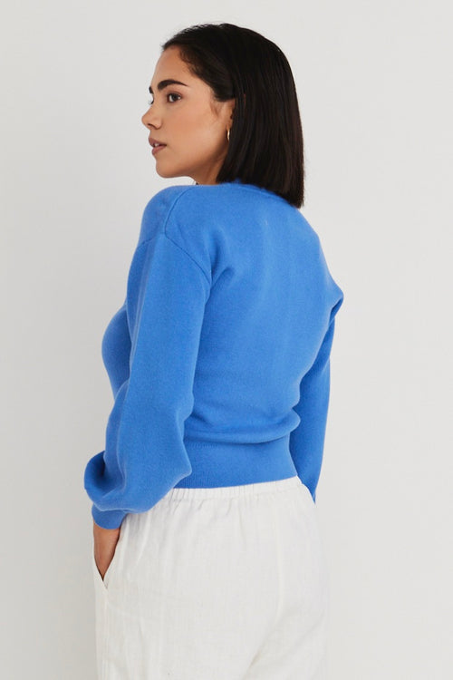 model wears a blue cardigan