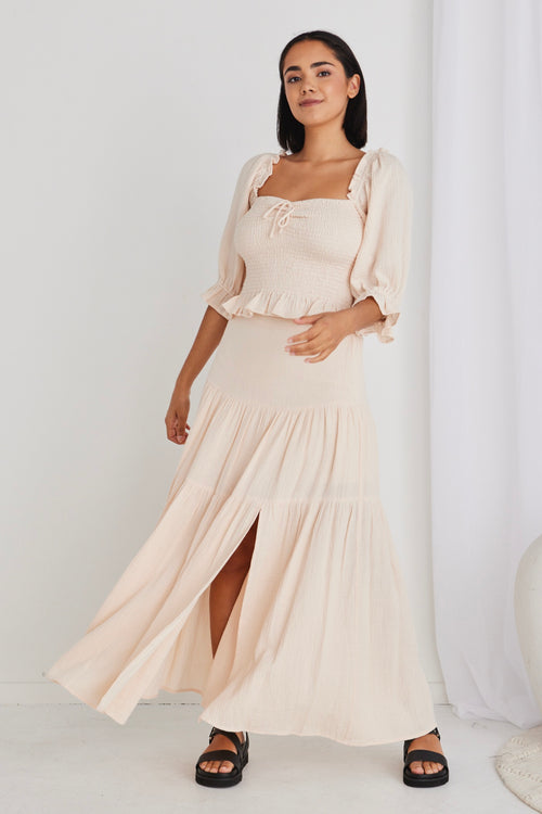 Alive Cream Muslin Elastic Back Tiered Maxi Skirt WW Skirt Ivy + Jack   