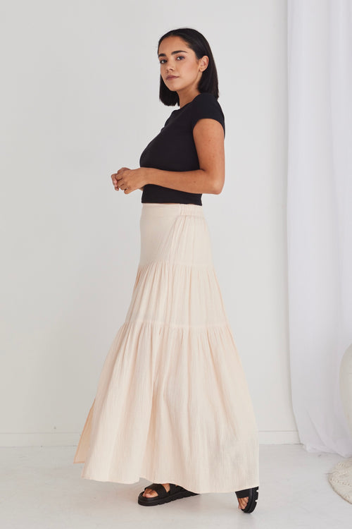 Alive Cream Muslin Elastic Back Tiered Maxi Skirt WW Skirt Ivy + Jack   