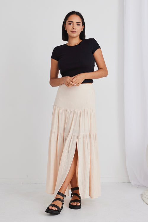 Alive Cream Muslin Elastic Back Tiered Maxi Skirt WW Skirt Ivy + Jack   