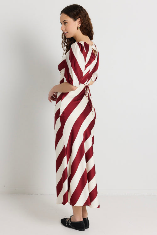 model wears a red and white stripe maxi dress