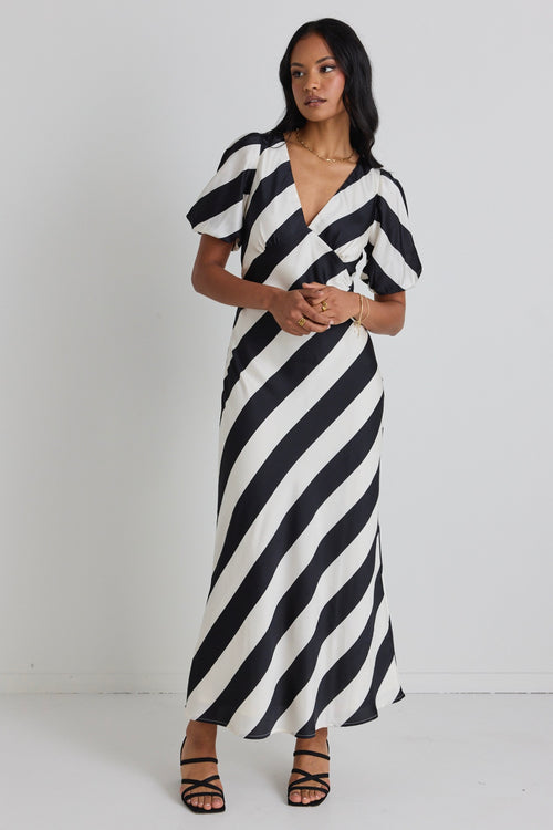 model wears a black and white stripe midi dress