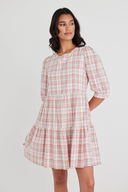 Anytime Pink Picnic Check Ss Tiered Mini Dress WW Dress Among the Brave   