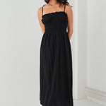 Arcadia Black Cotton Gathered Tie Strap Midi Dress WW Dress Among the Brave   