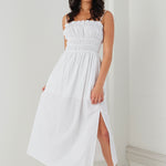 Arcadia White Cotton Gathered Tie Strap Midi Dress WW Dress Among the Brave   