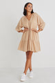 Aries Caramel Cotton Balloon Sleeve Tiered Button Front Mini Dress