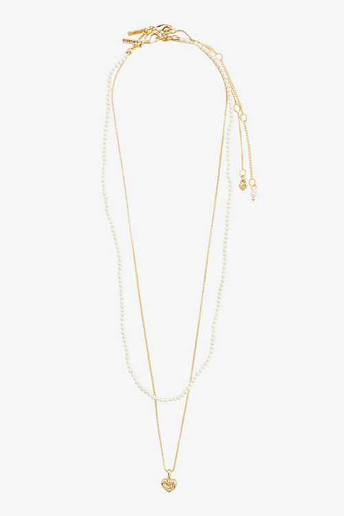 double chain necklace including pearl necklace and gold necklace with heart pendant