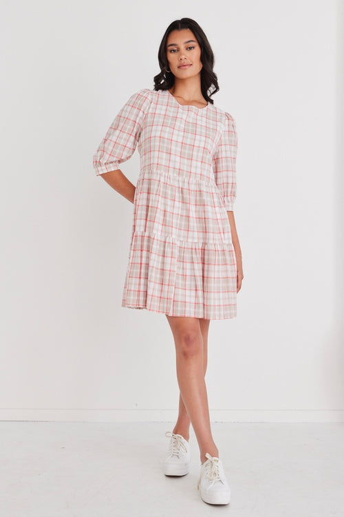 Anytime Pink Picnic Check Ss Tiered Mini Dress WW Dress Among the Brave   