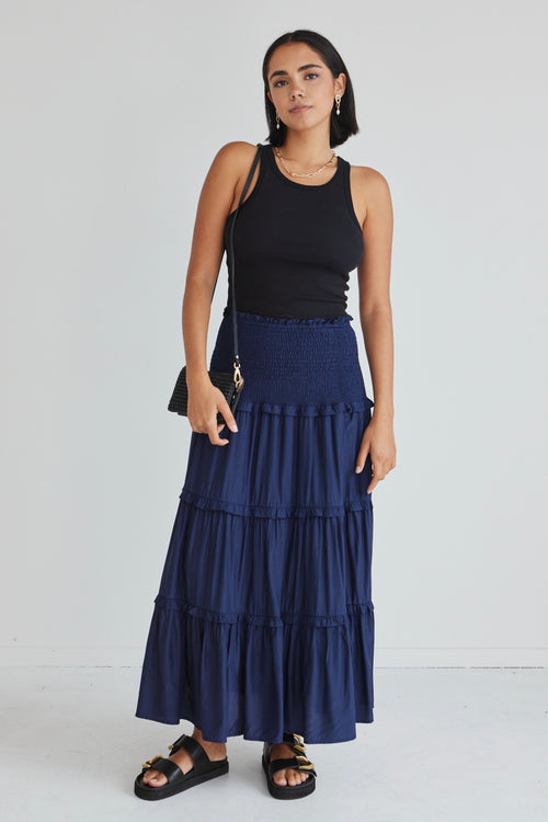 Soaring High Navy Washer Satin Shirred Waist Tiered Maxi Skirt WW Skirt Among the Brave   