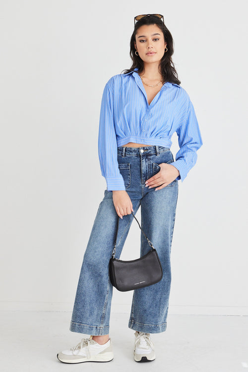 Gifted Blue Stripe Button Pleat Ls Crop Shirt WW Top Georgia Mae   