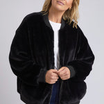 model wears Black Fur Bomber