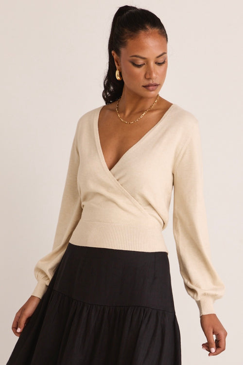 model wears a beige knit wrap cardigan