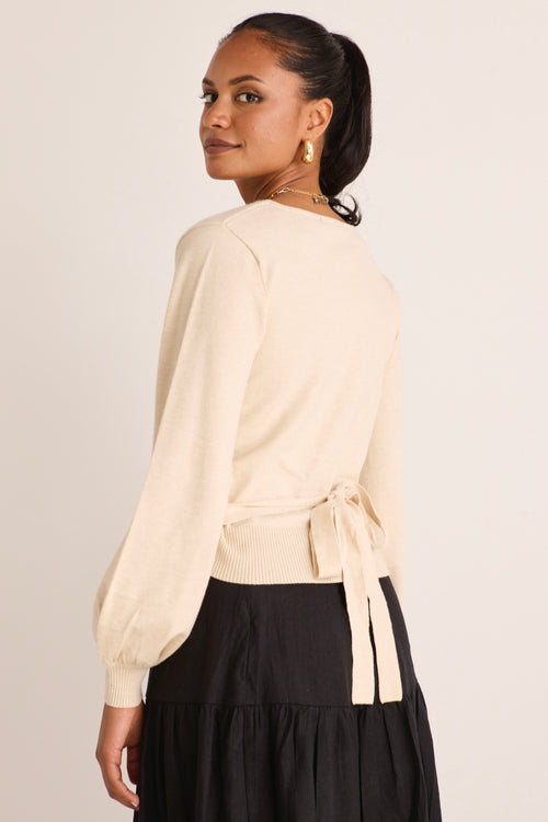 model wears a beige knit wrap cardigan