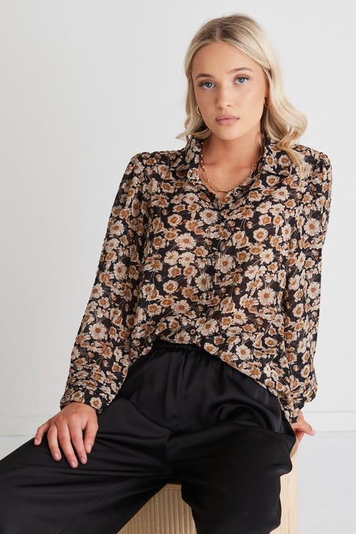 Savvy Black Gold Sheer Puff Sleeve Shirt WW Top Stories be Told   