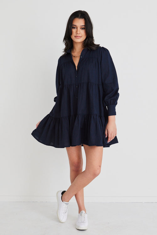 Valley Navy Linen Blend Shirt Style Tiered Mini Dress WW Dress Ivy + Jack   