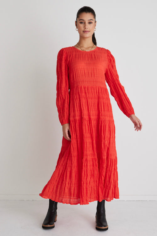 Gigi Blood Orange Shirred Cotton Ls Tiered Maxi Dress WW Dress Ivy + Jack   