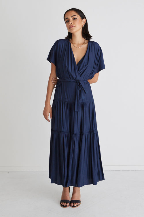 Sunset Navy Tiered Satin Maxi Kimono Dress WW Dress Among the Brave   