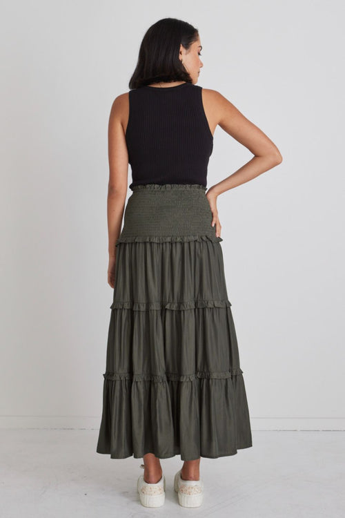 Soaring High Dark Khaki Satin Shirred Waist Tiered Midi Skirt WW Skirt Among the Brave   