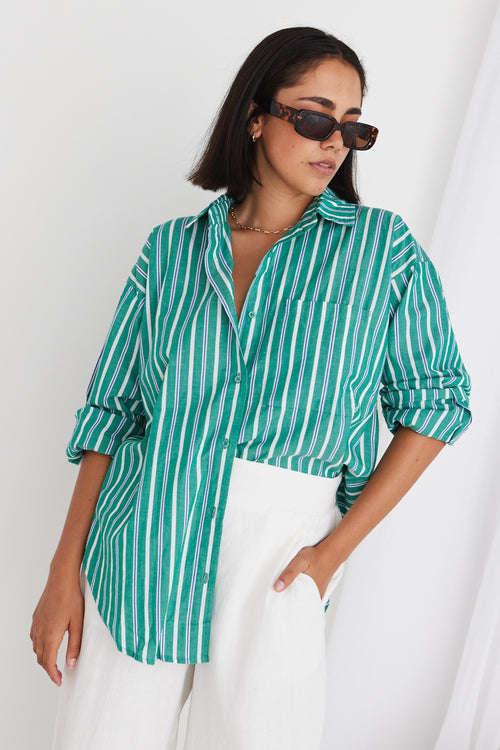 California Green Stripe Poplin Oversized Shirt WW Shirt Stories be Told   