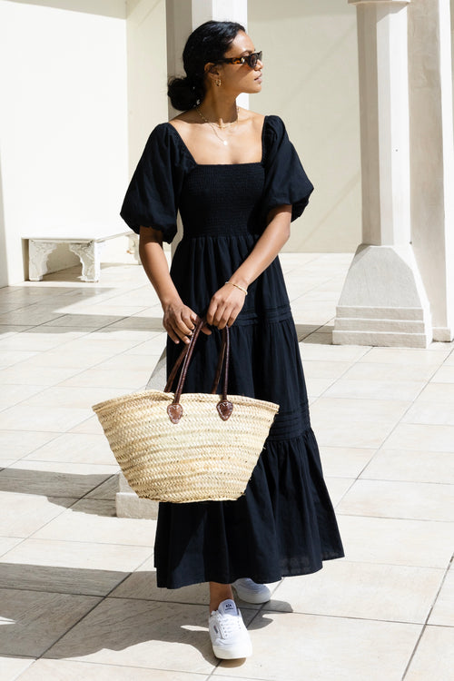 Captivate Black Cotton Puff Sleeve Tiered Midi Dress WW Dress Ivy + Jack   