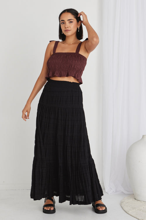 Charming Black Shirred Cotton Tiered Maxi Skirt WW Skirt Ivy + Jack   