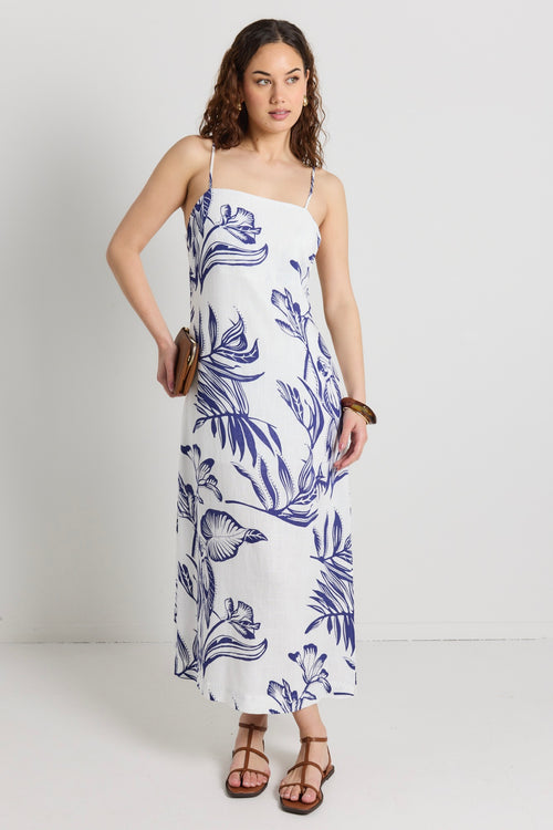 model wears a white and blue floral midi dress