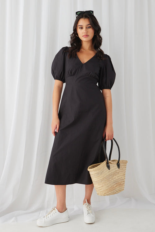 Clementine Black Cut Out Back SS Midi Dress WW Dress Stories be Told   