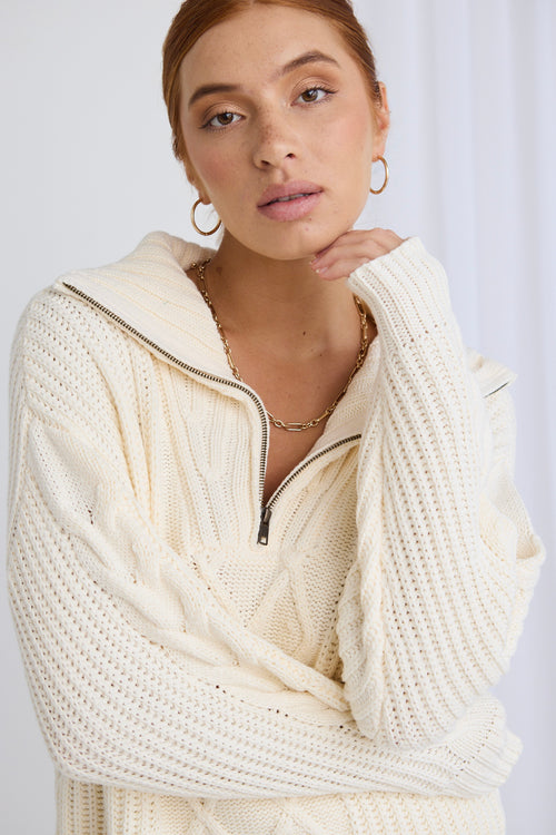 model wears a white knit jumper