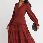 Compelling Copper LS Button Front Tiered Maxi Dress