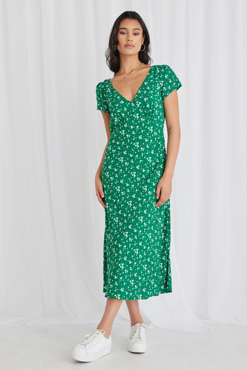 Cosmic Green Ditsy Sleeveless Slim Fit Midi Dress WW Dress Stories be Told   