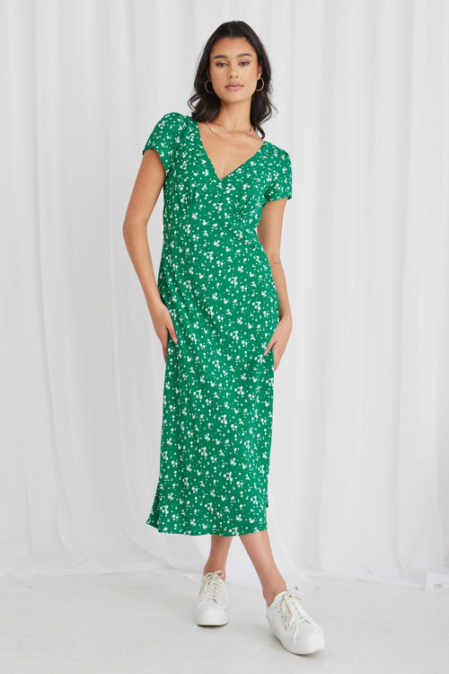 Cosmic Green Ditsy Sleeveless Slim Fit Midi Dress WW Dress Stories be Told   