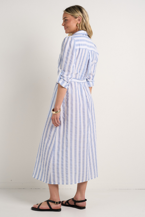 model wears blue and white stripe midi dress