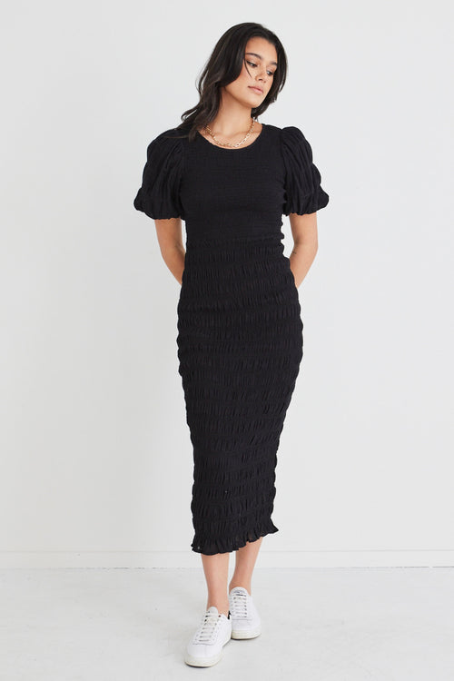 Jade Black Shirred Cotton Puff Sleeve Ruched Maxi Dress WW Dress Ivy + Jack   