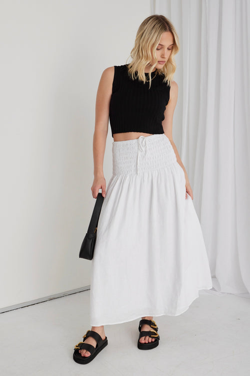 Byron White Linen Shirred Waist Maxi Skirt WW Skirt RE:Union   