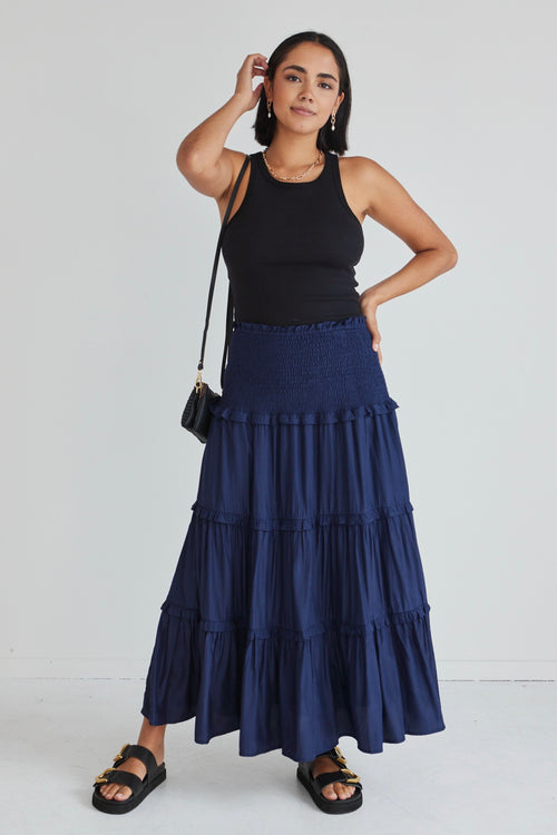 Soaring High Navy Washer Satin Shirred Waist Tiered Maxi Skirt WW Skirt Among the Brave   