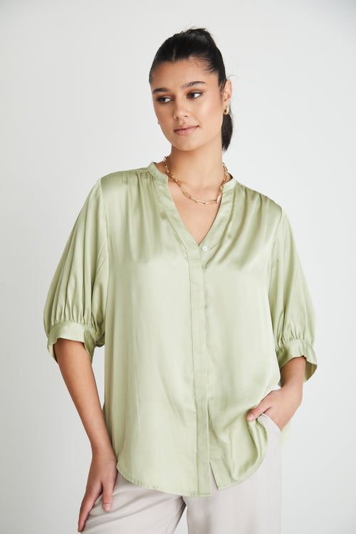 Deity Sage Satin Button Through Puff Sleeve Ss Blouse WW Top By Rosa.   