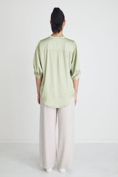 Deity Sage Satin Button Through Puff Sleeve Ss Blouse WW Top By Rosa.   