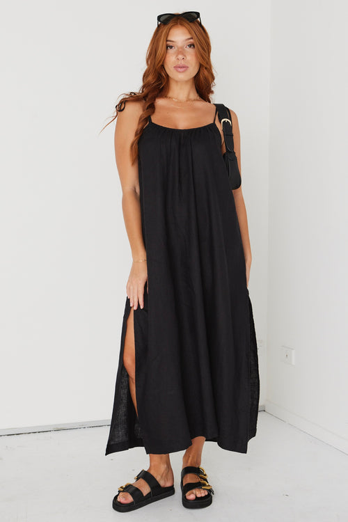 Delta Black Linen Strappy Gathered Maxi Dress WW Dress RE:Union   