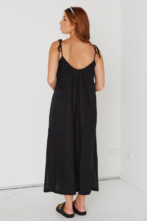 Delta Black Linen Strappy Gathered Maxi Dress WW Dress RE:Union   