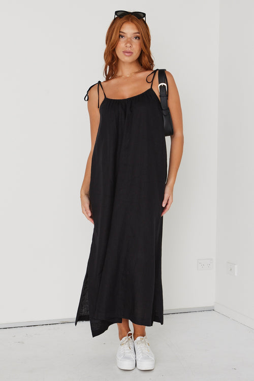Delta Black Linen Strappy Gathered Maxi Dress WW Dress RE:Union   
