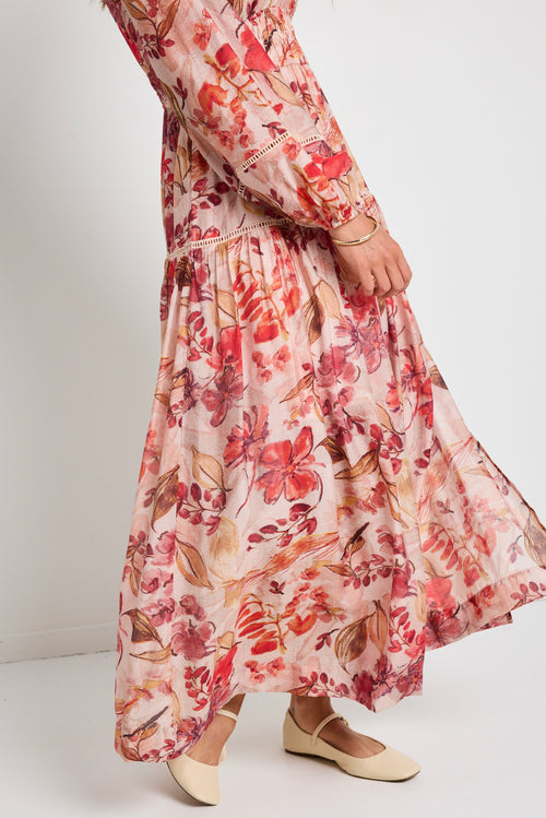 model wears a blush floral tiered dress