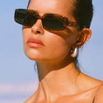 model wears Rectangle Tobacco Brown Sunglasses