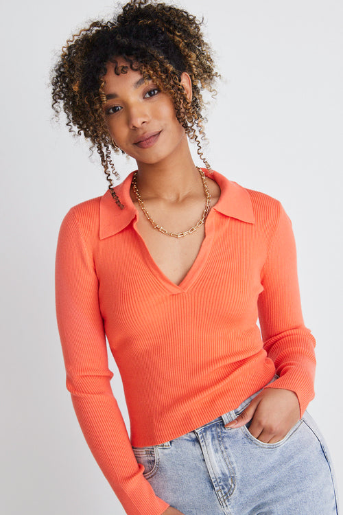 Unreal Coral LS Collared Rib Knit Top WW Top Georgia Mae   