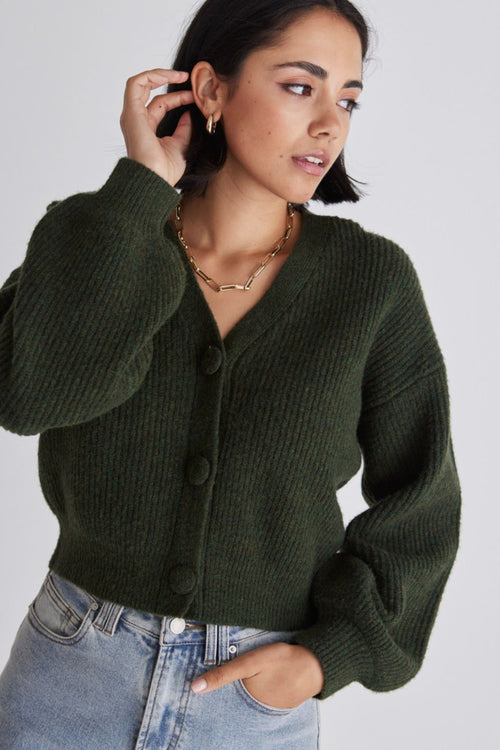 Wholesome Dark Khaki Chunky Blousen Sleeve Cropped Cardigan WW Knitwear Among the Brave   