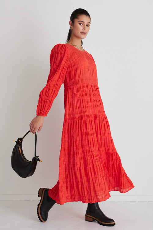 Gigi Blood Orange Shirred Cotton Ls Tiered Maxi Dress WW Dress Ivy + Jack   