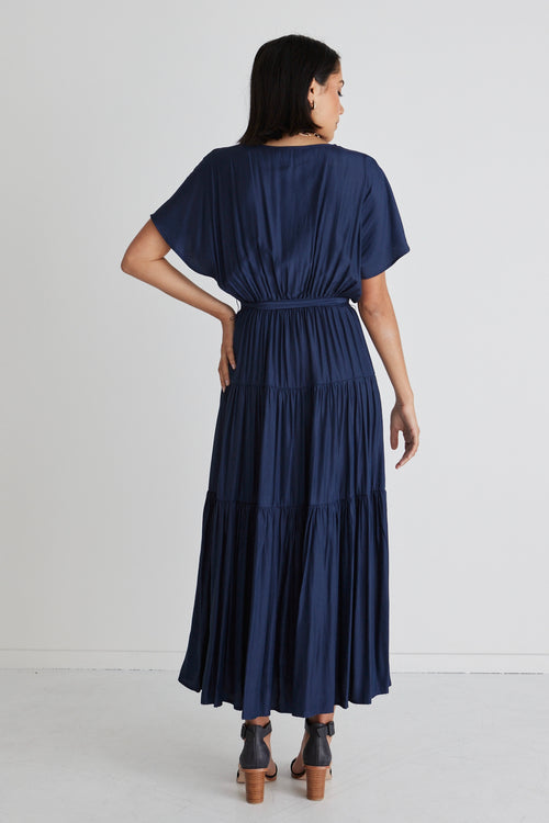 Sunset Navy Tiered Satin Maxi Kimono Dress WW Dress Among the Brave   