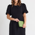 Elder Black Short Puff Sleeve Tie Midi Dress