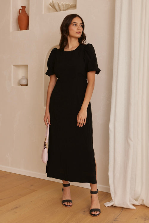 Elder Black Puff Sleeve Tie Midi Dress WW Dress Stories be Told   