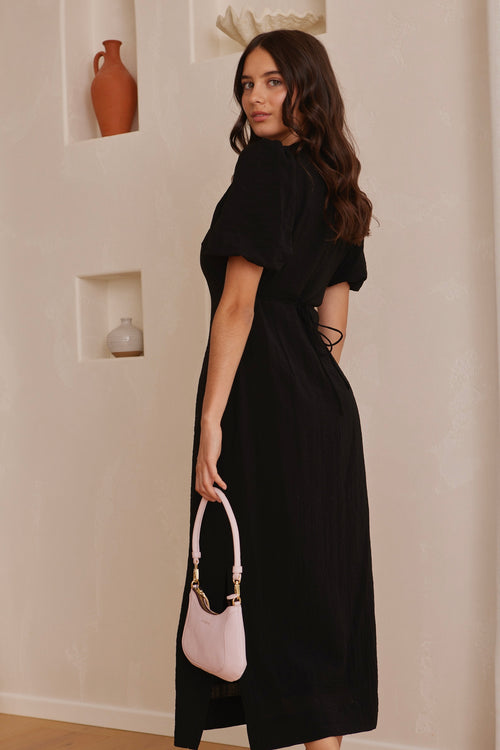 Elder Black Puff Sleeve Tie Midi Dress WW Dress Stories be Told   